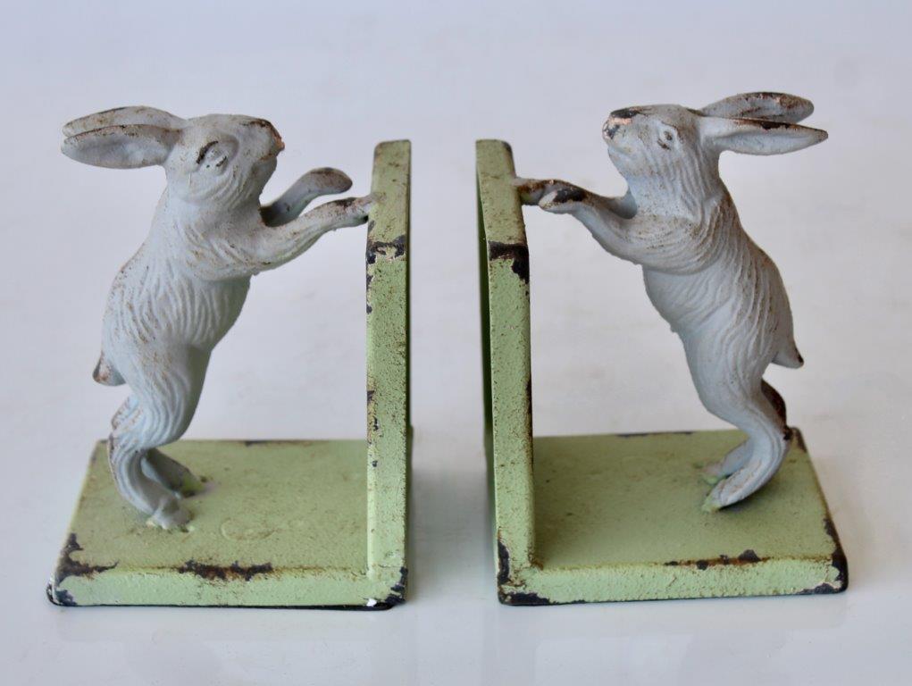 Pair Of Cast Iron Green & Grey Bunny Bookends